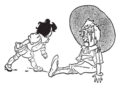 这一幕显示,一位老人摔倒在地上,哭着的小孩看着他,看着他画着老式的
