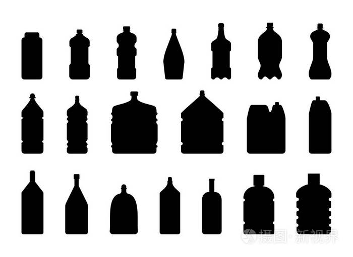 剪影塑料水瓶向量清洁水液空白模板插图。瓶套