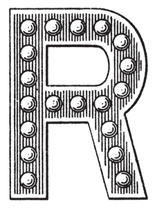 装饰大写字母r，里面有线条和圆圈，复古线绘图或雕刻插图