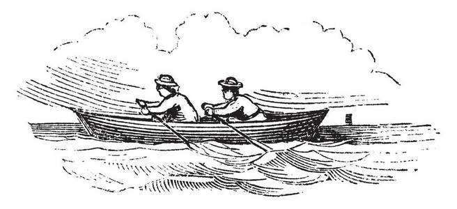划艇是一艘由桨推动的小船，老式线条绘制或雕刻插图。