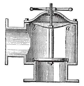 水龙头阀门为气体分配管道，老式雕刻插图。 工业百科全书1875年
