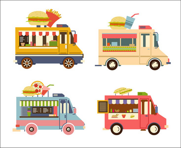 快餐拖车设置与汉堡, 比萨饼, 饮料, 玉米煎饼, 咖啡查出的白色。街头食品车, 移动厨房, 餐厅