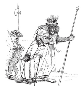 狮子头上戴着皇冠，用长矛把野兔和棍子，羊一起走，老式的线描或雕刻插图