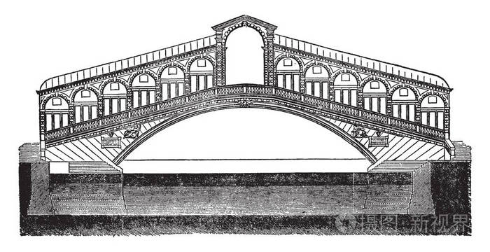 里尔托桥是威尼斯复古线绘图或雕刻插图中跨越大运河的四座桥梁之一。