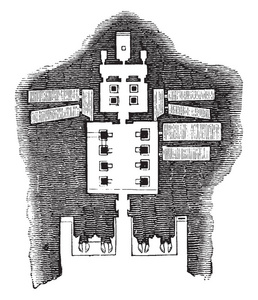 在阿布辛贝尔的伟大寺庙的平面图，大多数岩石寺庙入口较小的房间，超出了复古线绘图或雕刻插图。