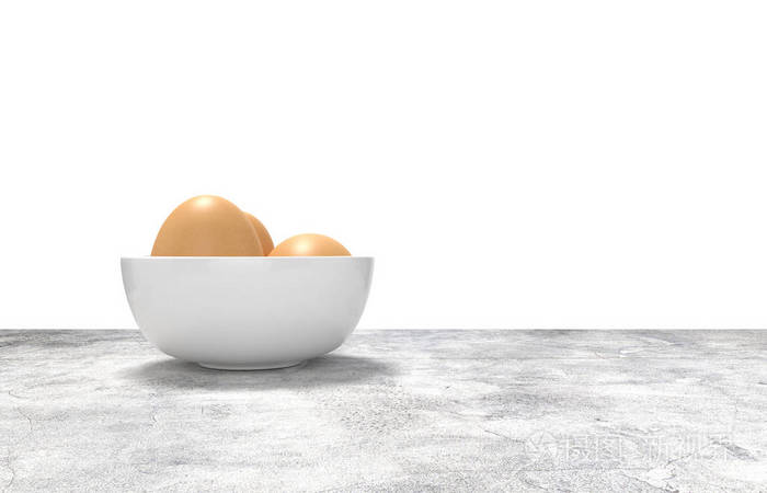 渲染白色陶瓷碗满鸡蛋。 放在混凝土桌子上。