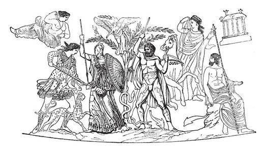 希腊的战争希腊女神正确地穿着战争服装,头盔,矛和蛇与人在战场上战斗