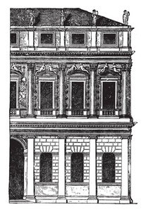 维琴察宫殿一般是乡村工作，上层有柱石，柱石或拱廊是在底层介绍复古线绘图或雕刻插图。