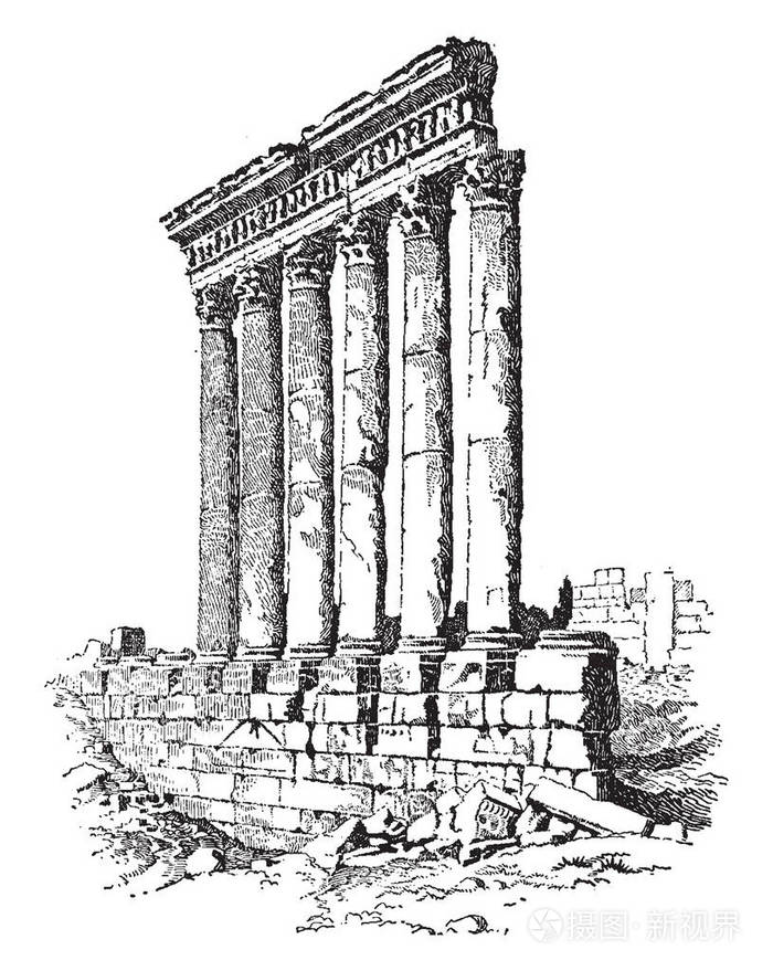 太阳神庙,位于荒凉的山脉中,距离大海四十英里,老式的线条绘制或雕刻