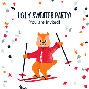 丑陋的毛衣派对设计cad邀请与可爱的滑雪花栗鼠。 文本空间