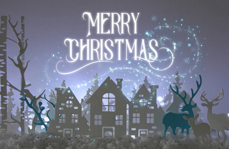 神奇的圣诞纸在白色灯光的背景下，用房子树木鹿和雪来剪开冬天的背景景观
