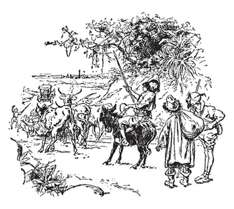 骑驴这一幕显示,一名男子坐在驴子上,一只手拿着长矛,回头看,两个人走