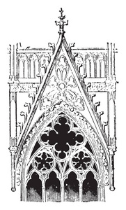 装饰山墙从科隆大教堂，德国，中时期巫术，位于第六和第七大道之间，公园斜坡附近的布鲁克林，复古线绘图或雕刻插图。