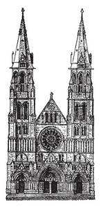奥尔巴尼的所有圣徒大教堂，哥特式，尖塔，大教堂，埃尔克街，复古线绘图或雕刻插图。