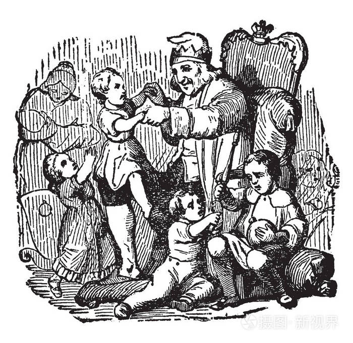 坐在椅子上和周围的孩子玩耍的男人老式的线条画或雕刻插图
