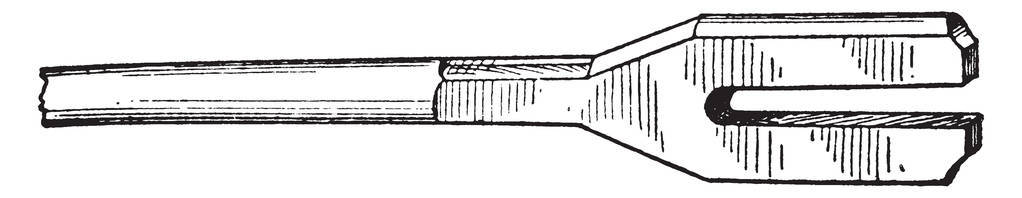 钢轨叉用于提升钢轨的末端，老式线路绘图或雕刻插图。