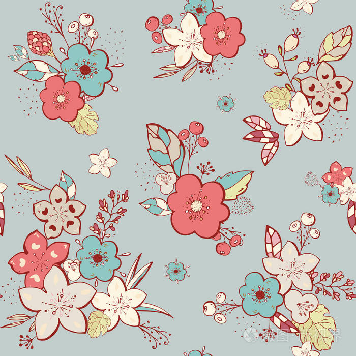 手绘草本在花插图打印手无缝背景, 用简单涂鸦制作的花纹图案的矢量