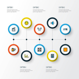 媒体图标色线设置与音频调音台, 放大器, 电影和其他微笑元素。独立的矢量插图媒体图标