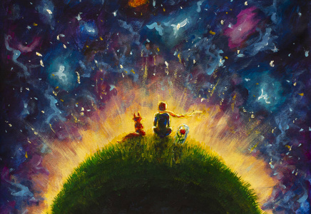 原创油画小王子和狐狸和红玫瑰坐在星空下的草地上.五颜六色的插图.