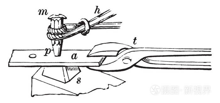这个插图代表冲床，这是木材工作端是尖的，复古线绘图或雕刻插图。