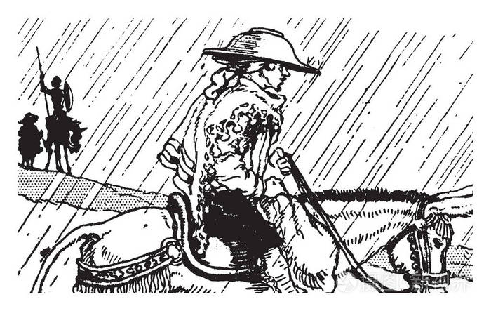 唐吉诃德,这一幕展示了一个戴着帽子的男人在雨中骑在马身上,男人在