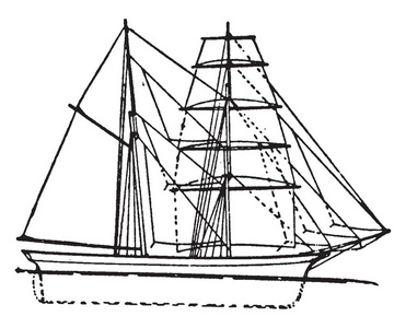 Brigantine是一艘有两个桅杆的帆船，有一个完全方形的操纵前桅老式的线条绘制或雕刻插图。