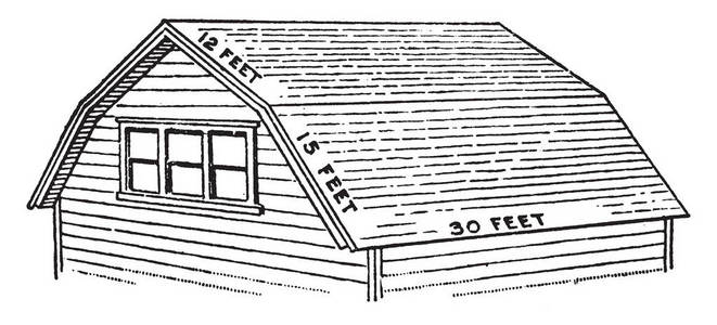 谷仓屋顶两侧有两个斜坡，位于一个浅角度，下坡是陡峭的，复古线绘图或雕刻插图。