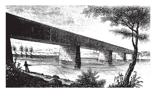 伟大的桥在麦克康基渡轮，这是阿尔斯顿布莱顿的名字，在它离开剑桥在1807年，复古线绘图或雕刻插图。