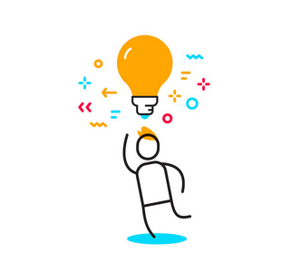 一个头上戴着黄色灯泡的男人的矢量商业插图。创意理念线性概念..平面线条艺术风格设计的网页，网站，横幅，海报，展示