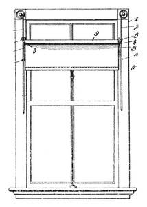 窗纱调整器是由织物板条在水平滑动腰带和窗套或遮阳窗，复古线绘图或雕刻插图。