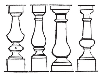 栏杆，线条，短，相等，距离，檐口，应对，肿胀，复古线绘图或雕刻插图。
