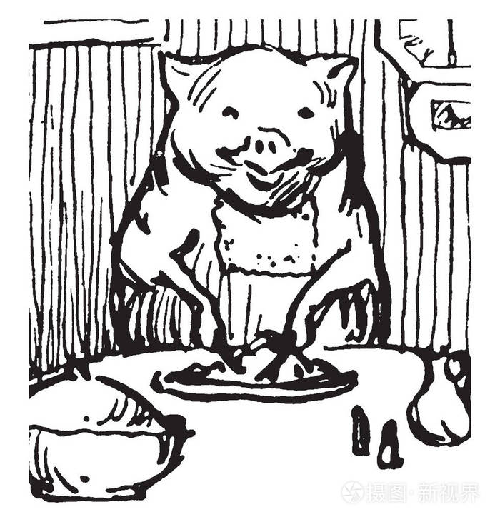 五只小猪,这个场景展示了小猪坐着吃饭,食物盘子和罐子放在桌子上