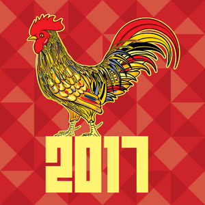 新年庆祝卡，五颜六色的公鸡