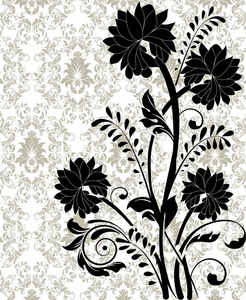 复古邀请卡用华丽典雅的复古抽象花卉设计，黑色的花朵和叶子在灰绿色和白色背景上带有文字标签。矢量图