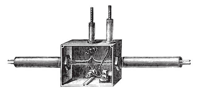 分线盒爱迪生管，复古雕刻插画..工业百科全书EO。拉米1875