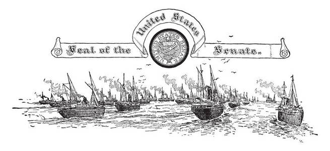 美国参议院的印章，这个印章有条纹和自由帽在中央的圆圈，美国国家元首写在圆圈上，它还有船只，鸟类和海洋，老式的线条绘图或雕刻插图。