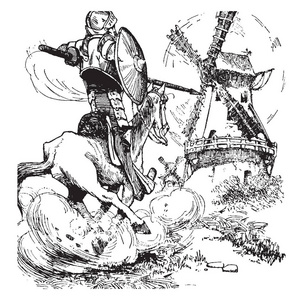唐吉诃德，这一幕展示了一位骑马者，旁边有长矛盾牌和风车，老式线条画或雕刻插图