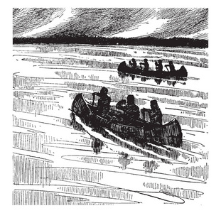 小马奎特，这一场景展示了人们在水中的两艘船上用桨老式线条绘制或雕刻插图