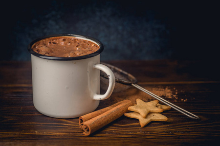 天然热巧克力与过滤器和饼干与肉桂棒冬季饮料概念