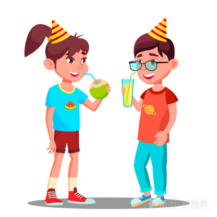孩子们在聚会的媒介上喝果汁孤立的插图