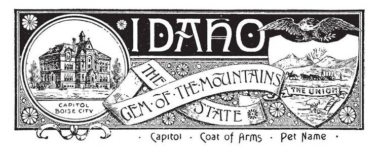 爱达荷州的国家旗帜，这个州的宝石，这个州有州府和国会大厦下面的博伊西城，右侧盾牌形状，骑马人和牛车在上面飞鹰，复古线绘图或雕刻插