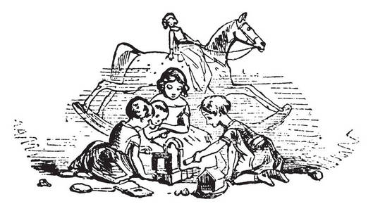 孩子们玩玩具,小女孩骑着木马在背景复古线绘图或雕刻插图照片