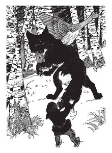 尼尔斯和狐狸这一幕显示狐狸在森林中看男孩和鹅鸟的老式线条画或雕刻插图
