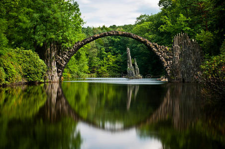 平静湖面上的古老石桥，倒映在水中