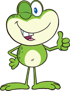 人物大拇指可爱的绿色青蛙卡通人物眨着眼睛,竖起大拇指照片