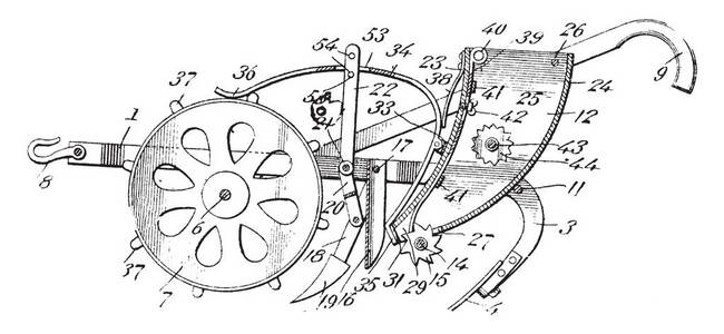 这张照片显示种子播种机是一台机器或工具，用于播种种子，复古线绘图或雕刻插图。