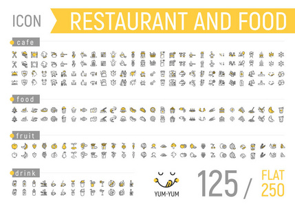 餐厅和食品图标。 平线性图标集。 包括餐厅业务的所有方面。 有钱人食物水果乐器等。 两种颜色。 美味可口