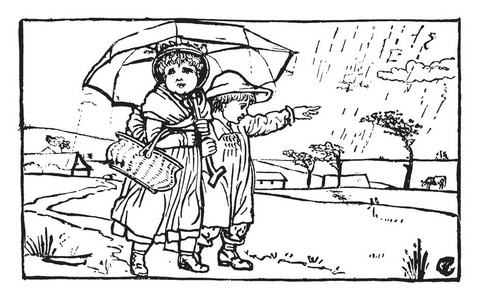 两个孩子在伞下行走这一场景显示两个孩子在雨屋和树的伞下行走，背景是老式线条画或雕刻插图