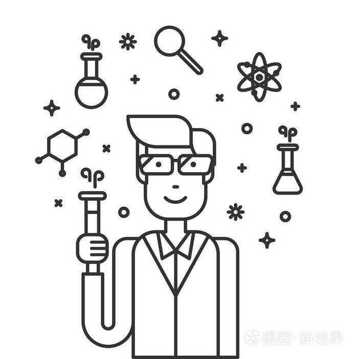 插画 医学研究.实验室.人类科学家大纲矢量插图.