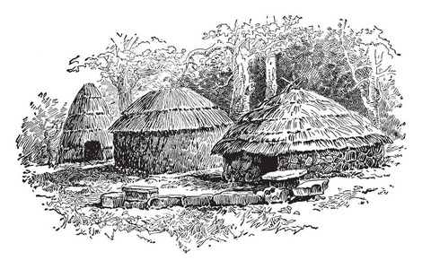 这幅图像显示了德国人和胆囊的早期居住。 该图像描绘了由稻草组成的房子，并有锥形屋顶，老式线条绘制或雕刻插图。